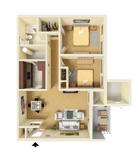 A floor plan of a small apartment with a kitchen, living room, and bedroom.